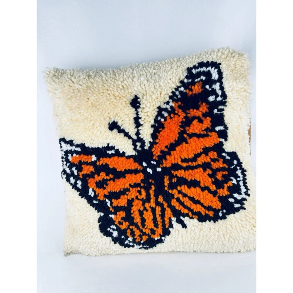 Vintage Monarch Butterfly Spring Latch Hook Yarn Pillow Cover  Retro Funky